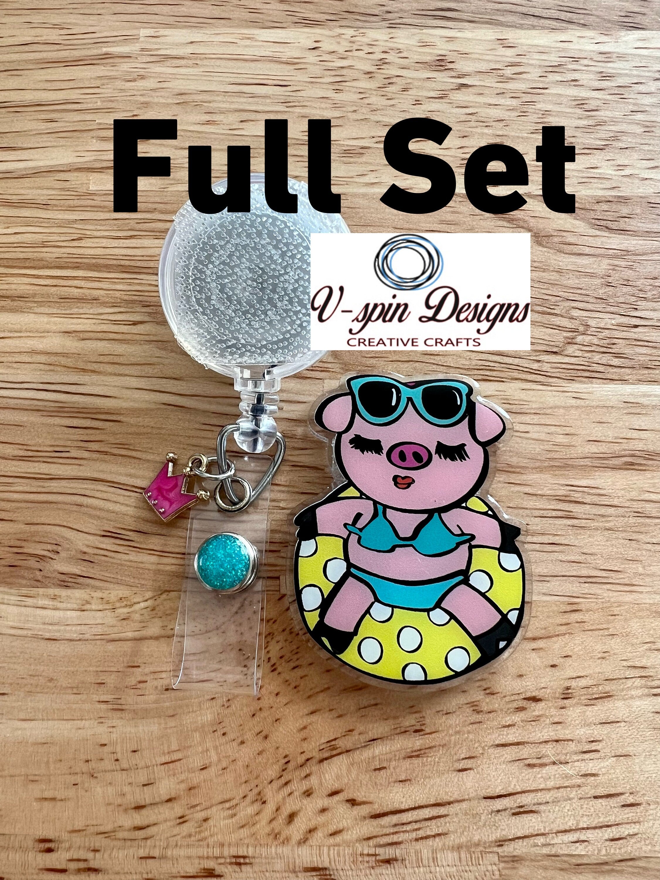 Summertime Piggy on a Pool Float Badge Reel | Summer Retractable Acrylic ID Holder