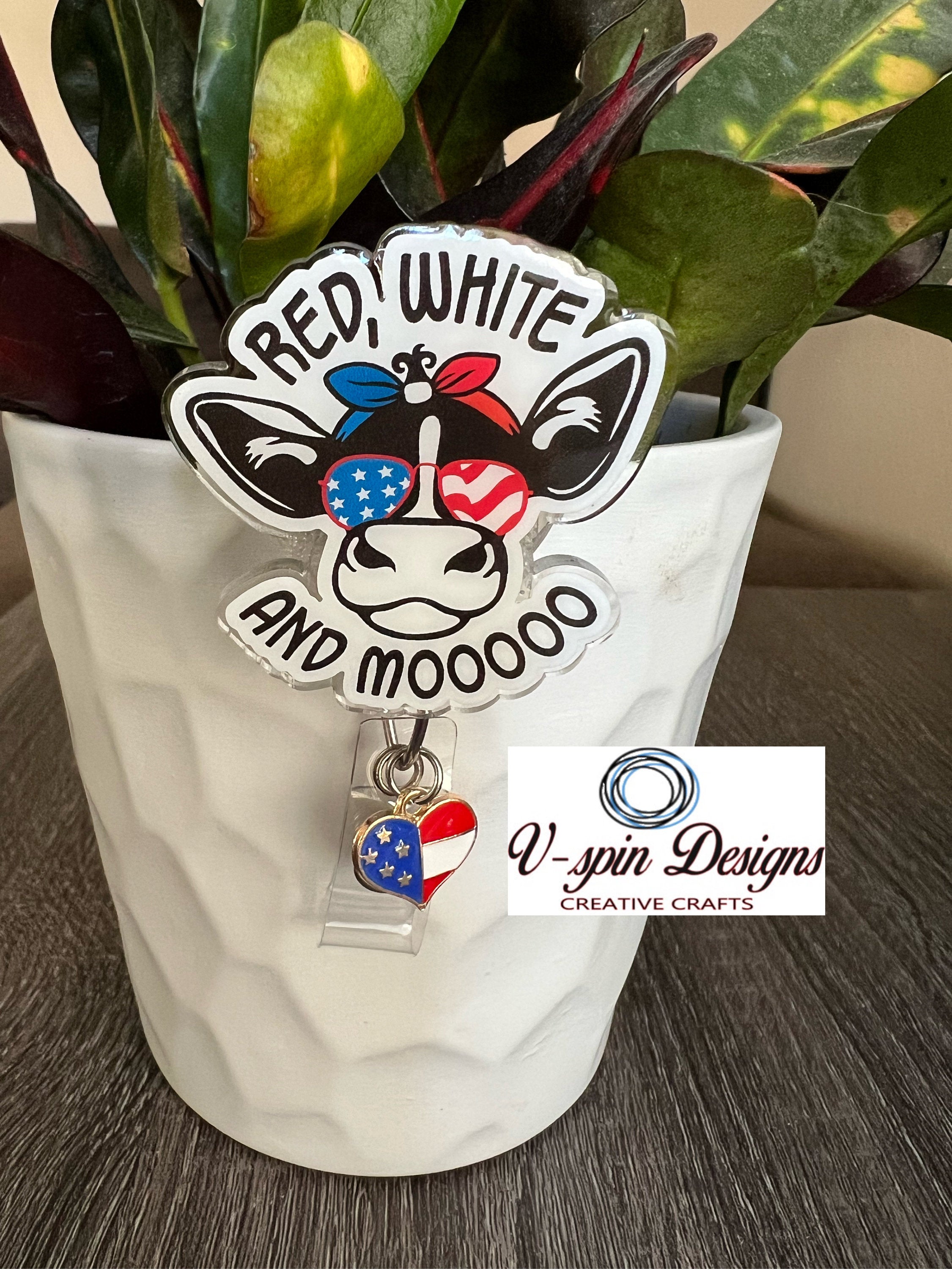 "Red, White & Mooo" Patriotic Cow Badge Reel | 4th of July Retractable ID Holder