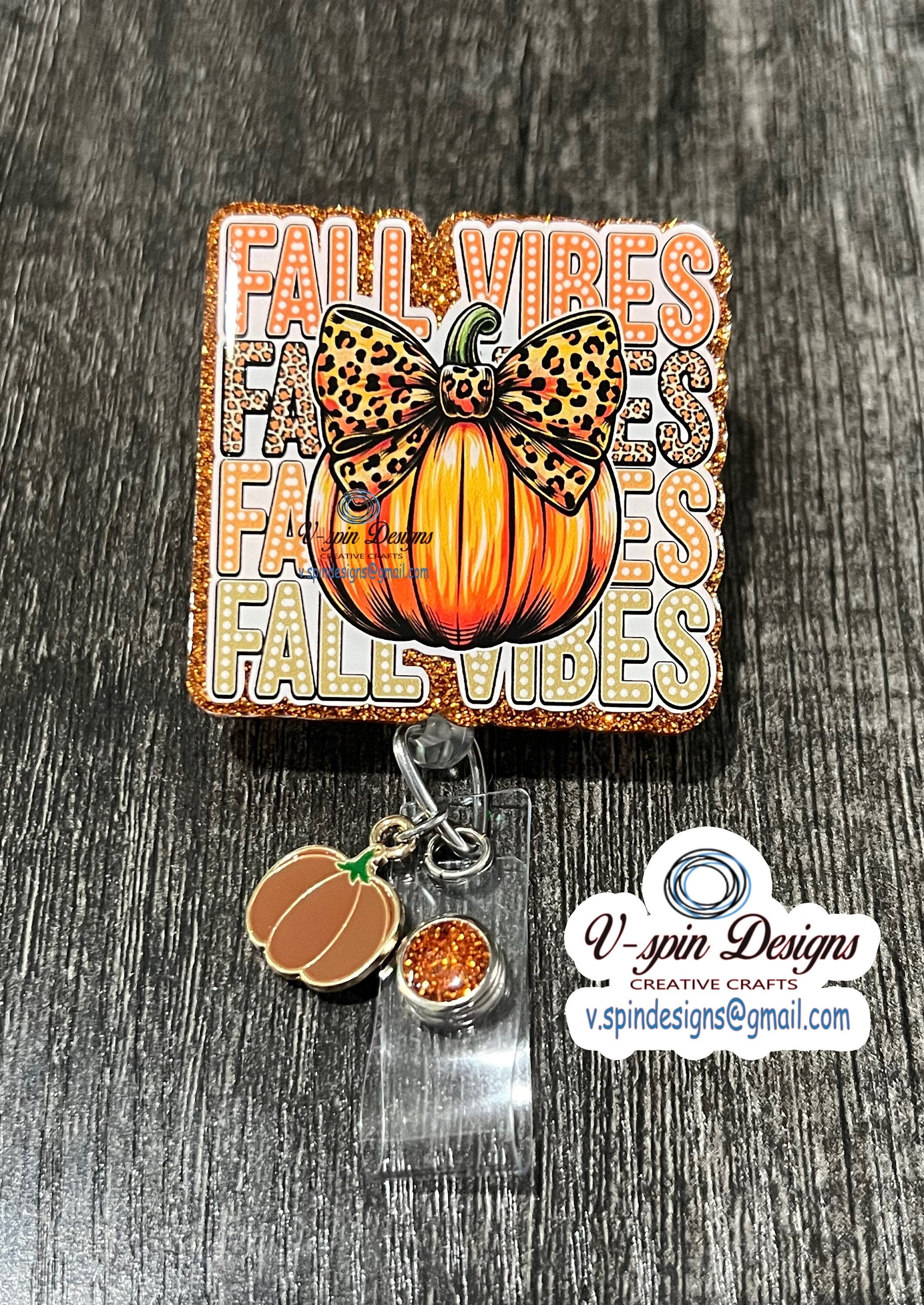 "Fall Vibes" Pumpkin Badge Reel | Orange Glitter Retractable Acrylic ID Holder