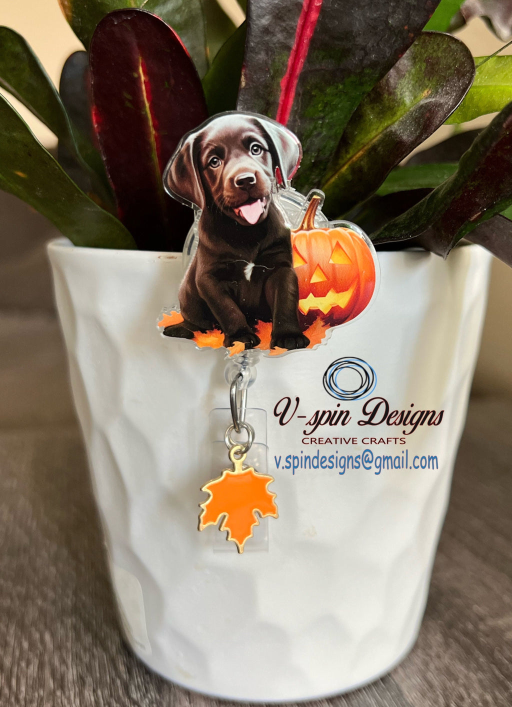 Chocolate Lab Puppy with Pumpkin Badge Reel | Fall Retractable ID Holder
