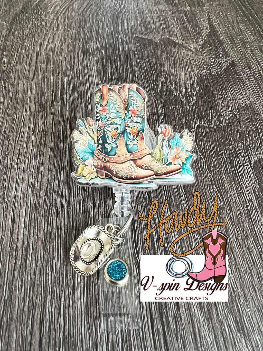 Cowgirl Boots & Flowers Badge Reel | Western Retractable Acrylic ID Holder