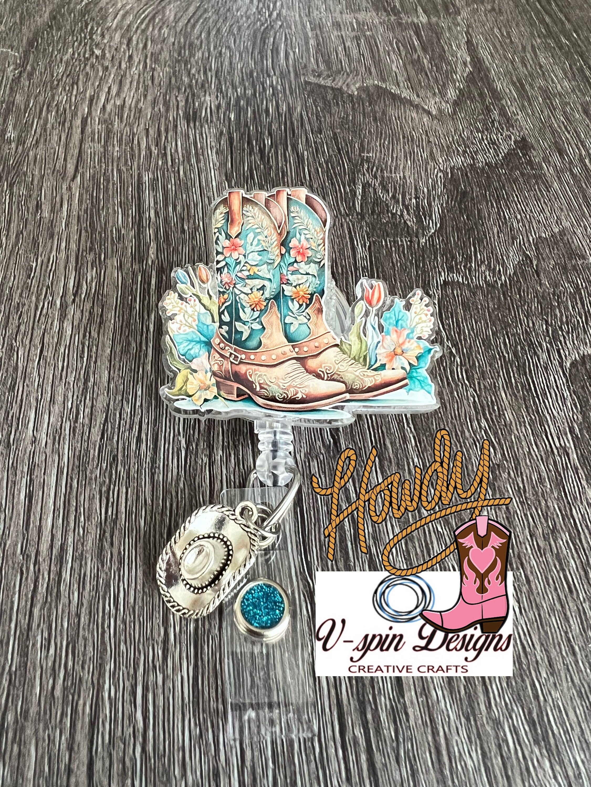 Cowgirl Boots & Flowers Badge Reel | Western Retractable Acrylic ID Holder
