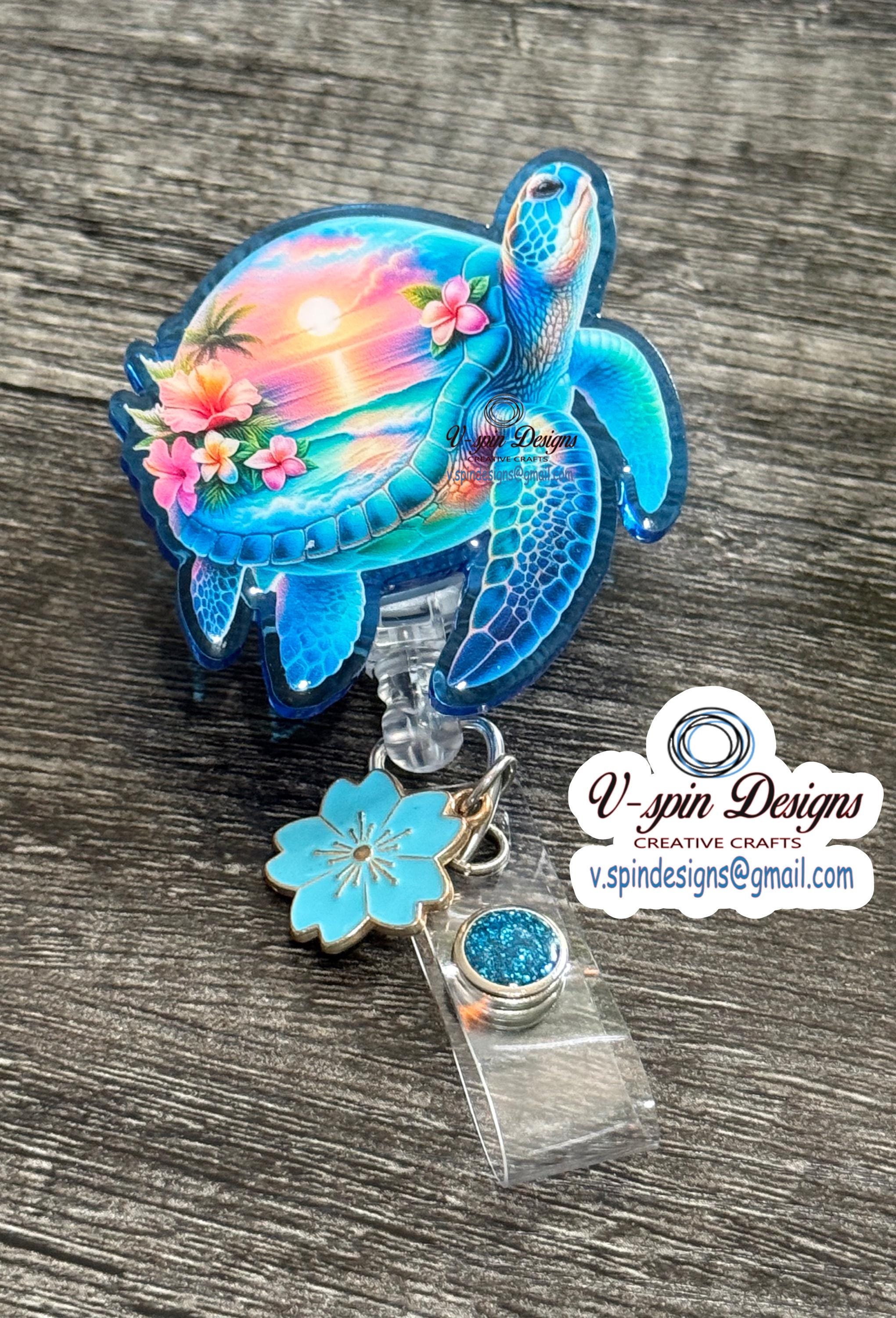 Hawaiian Sea Turtle Badge Reel: Blue Acrylic Retractable ID Holder