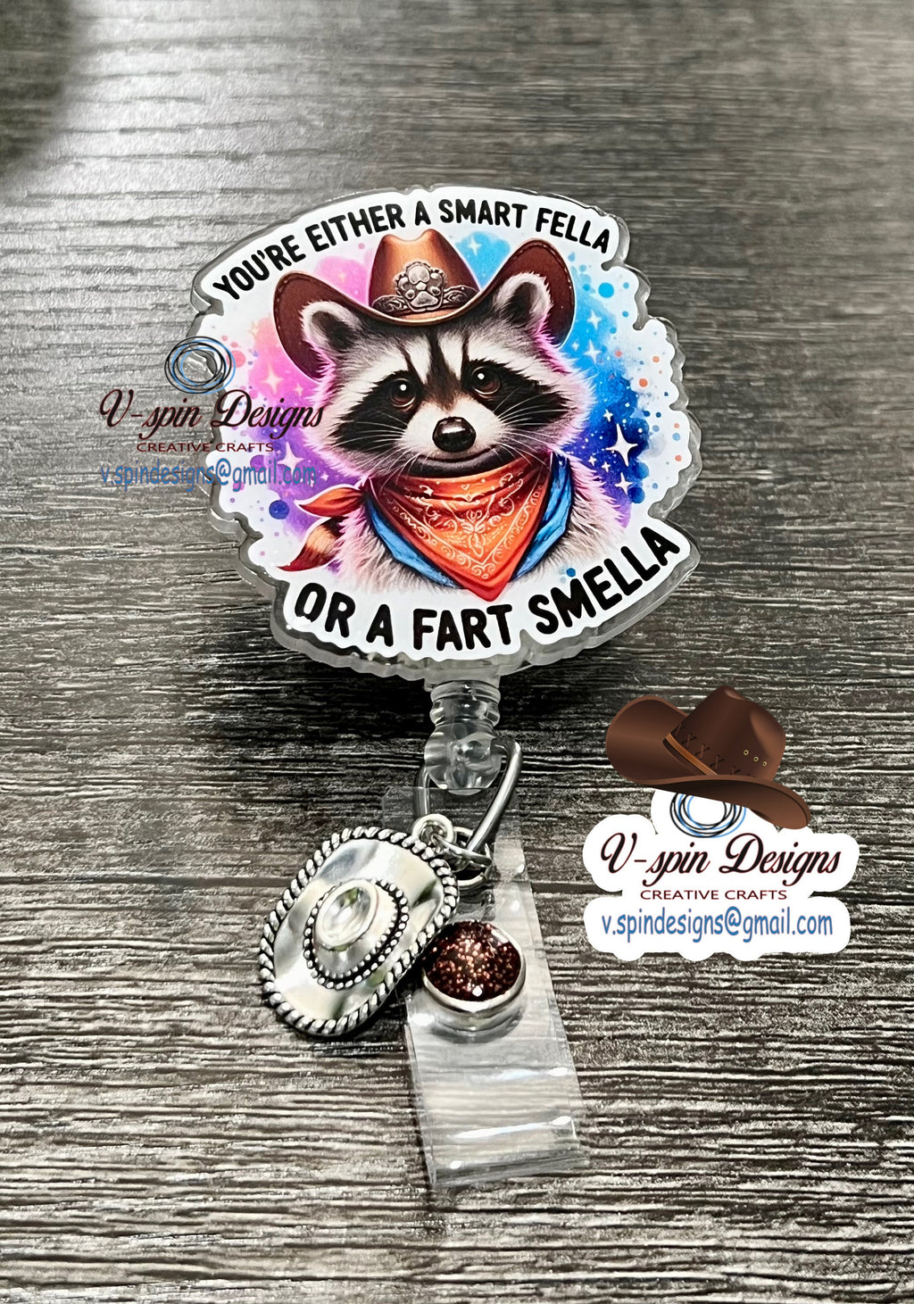 Funny Raccoon Badge Reel: "Smart Fella or Fart Smella" Acrylic ID Holder