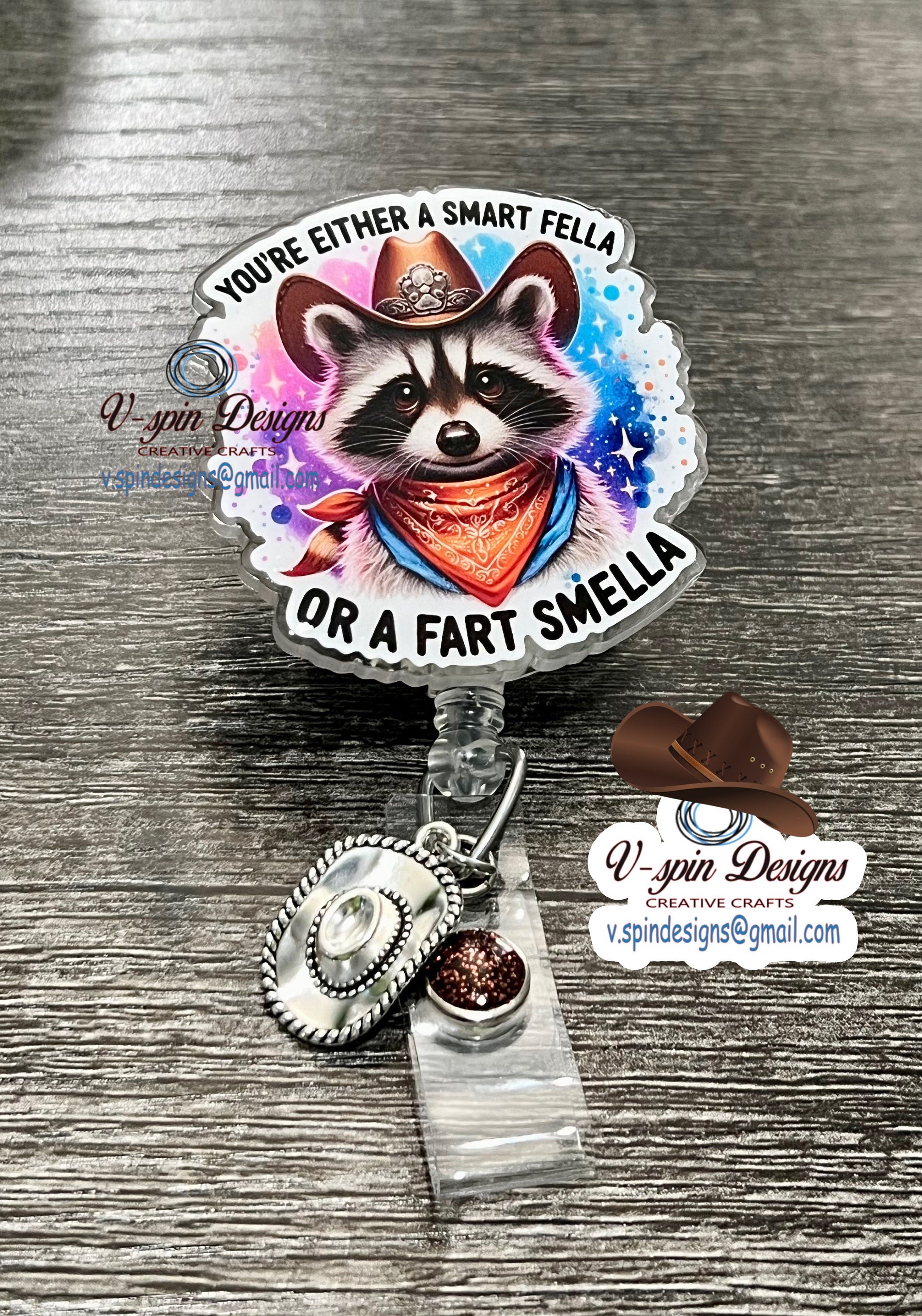 Funny Raccoon Badge Reel: "Smart Fella or Fart Smella" Acrylic ID Holder