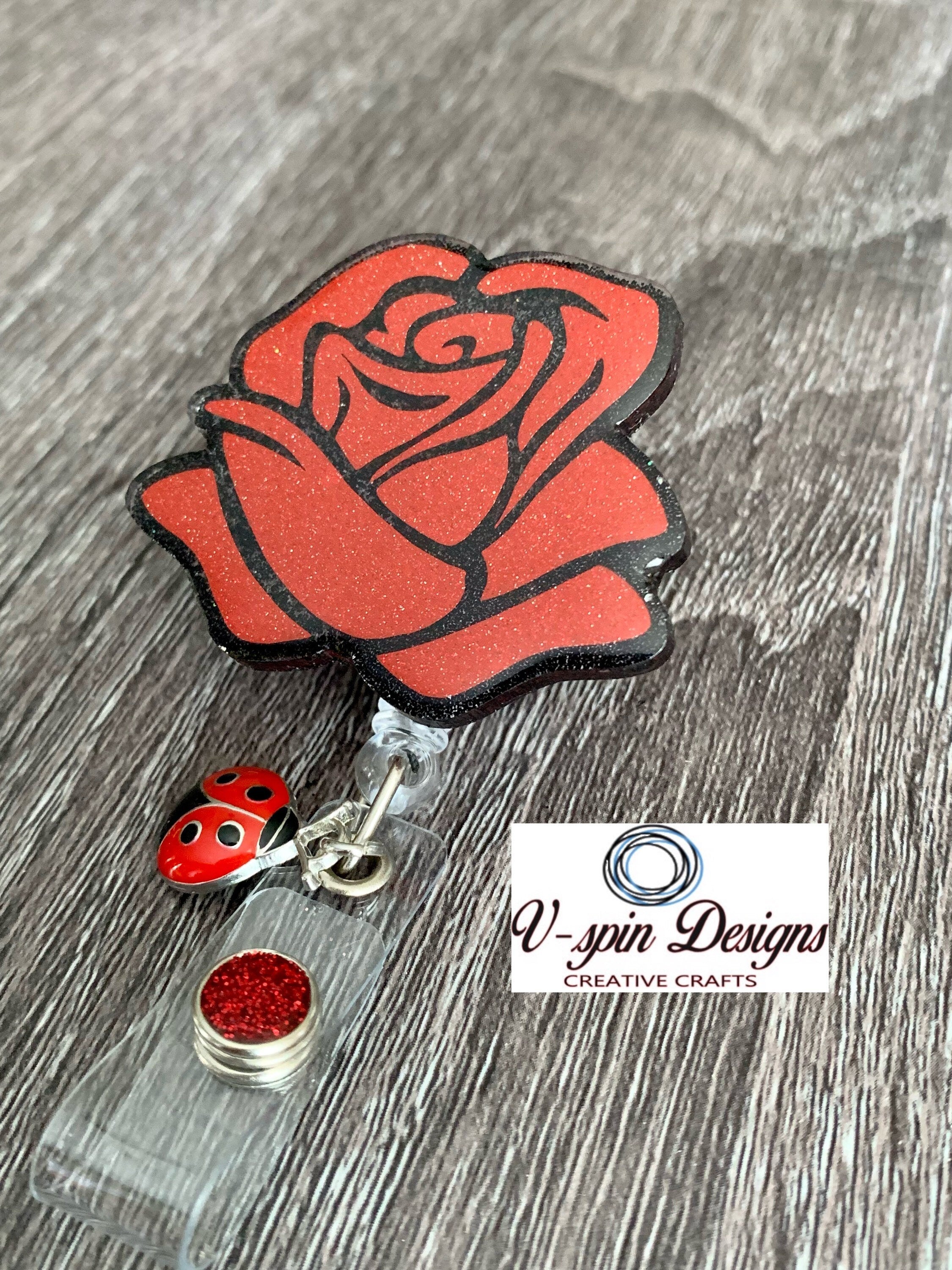 Red Rose Badge Reel | Retractable Acrylic ID Holder