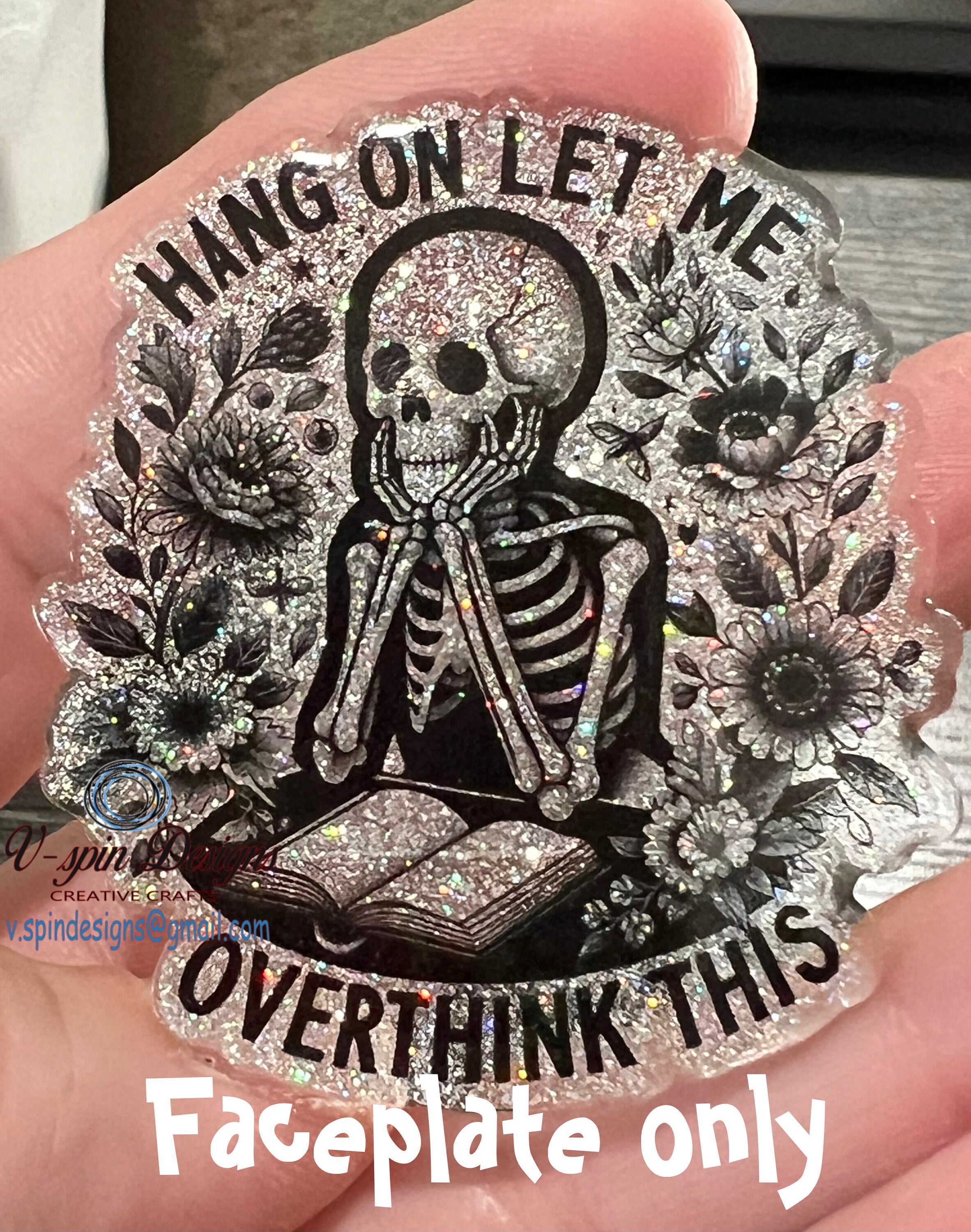 "Hang on Let Me Overthink This" Skeleton Badge Reel | Funny Glitter ID Holder