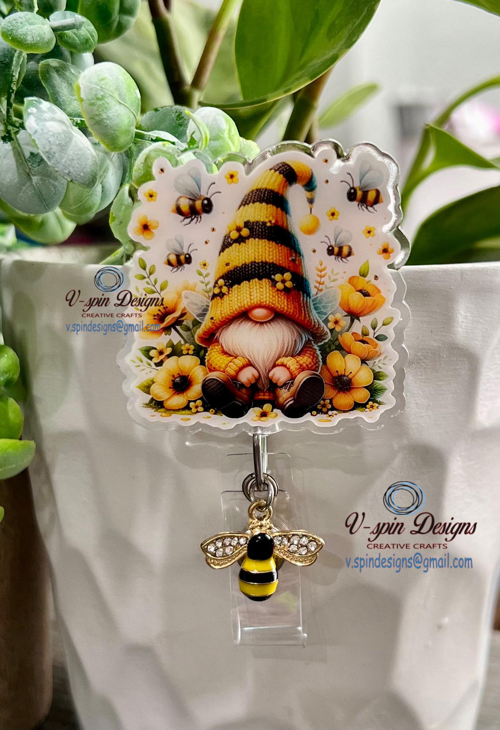 Gnome Honey Bee & Sunflower Badge Reel | Retractable Acrylic ID Holder