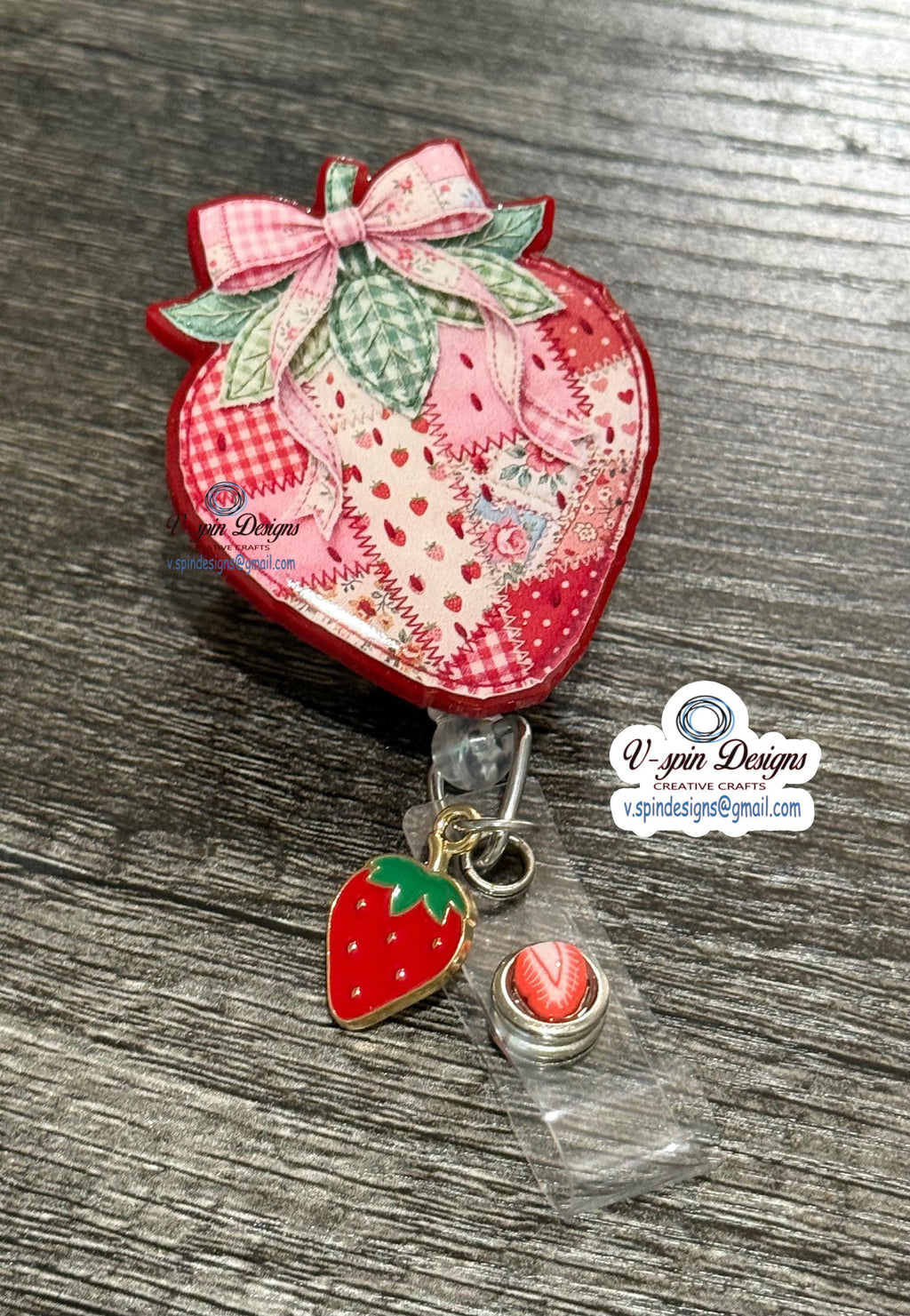 Strawberry Patchwork Badge Reel | Retractable Acrylic ID Holder