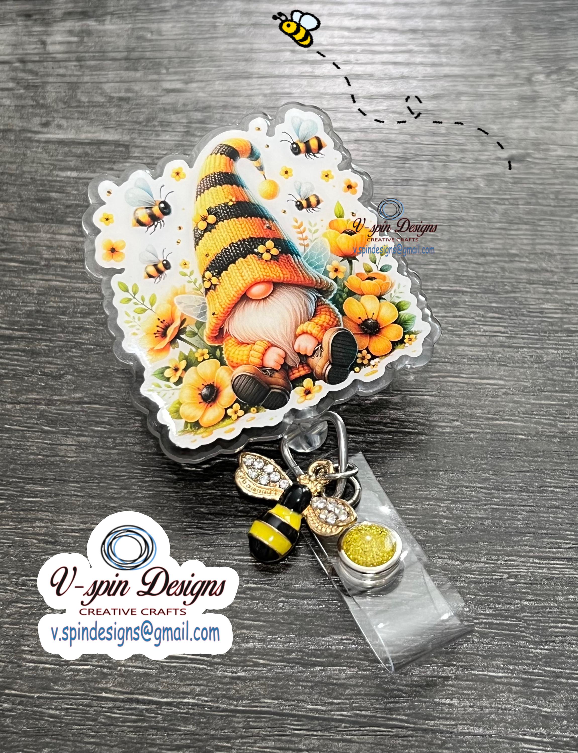 Gnome Honey Bee & Sunflower Badge Reel | Retractable Acrylic ID Holder