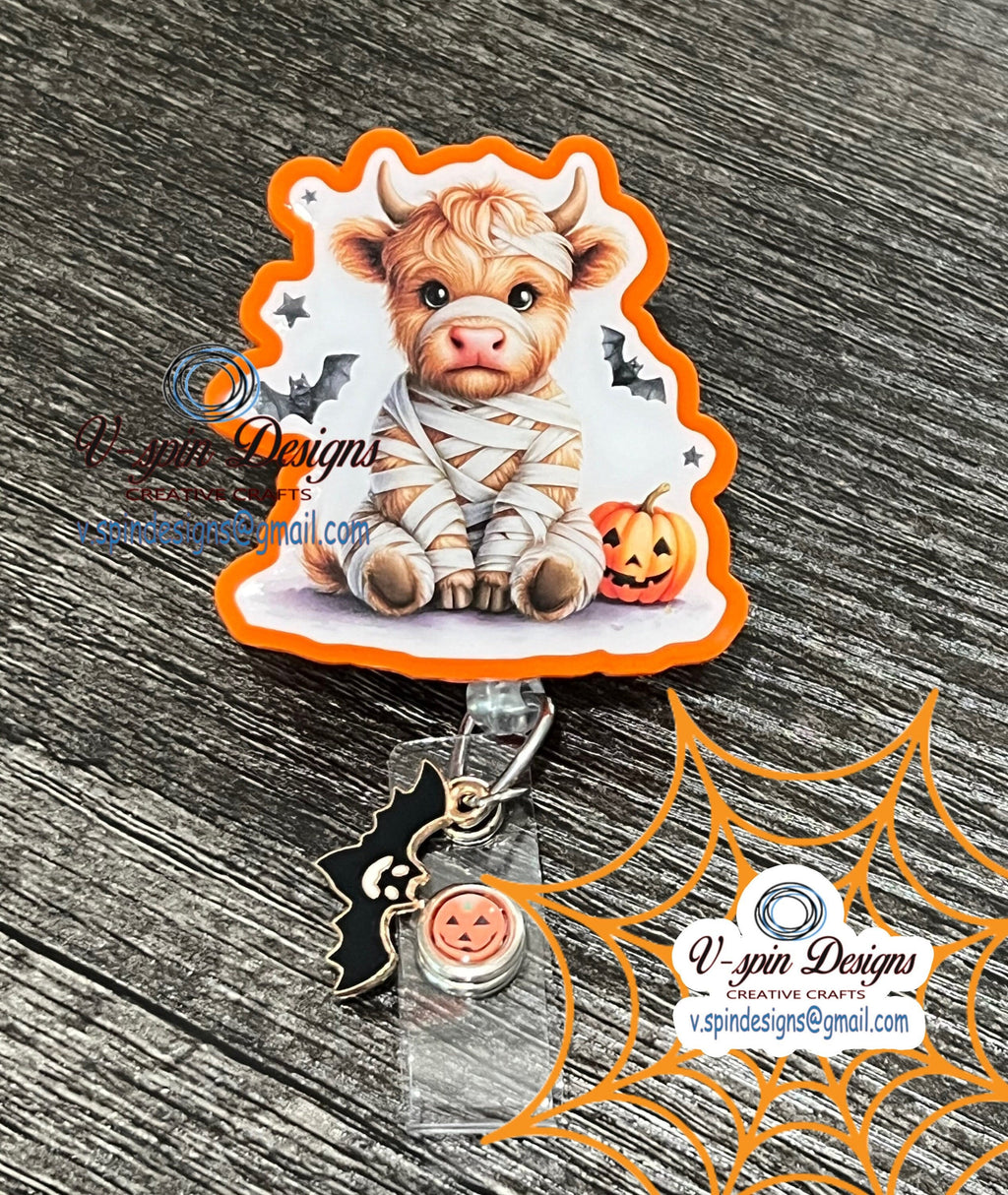 Highland Cow Mummy Badge Reel | Halloween Retractable Acrylic ID Holder