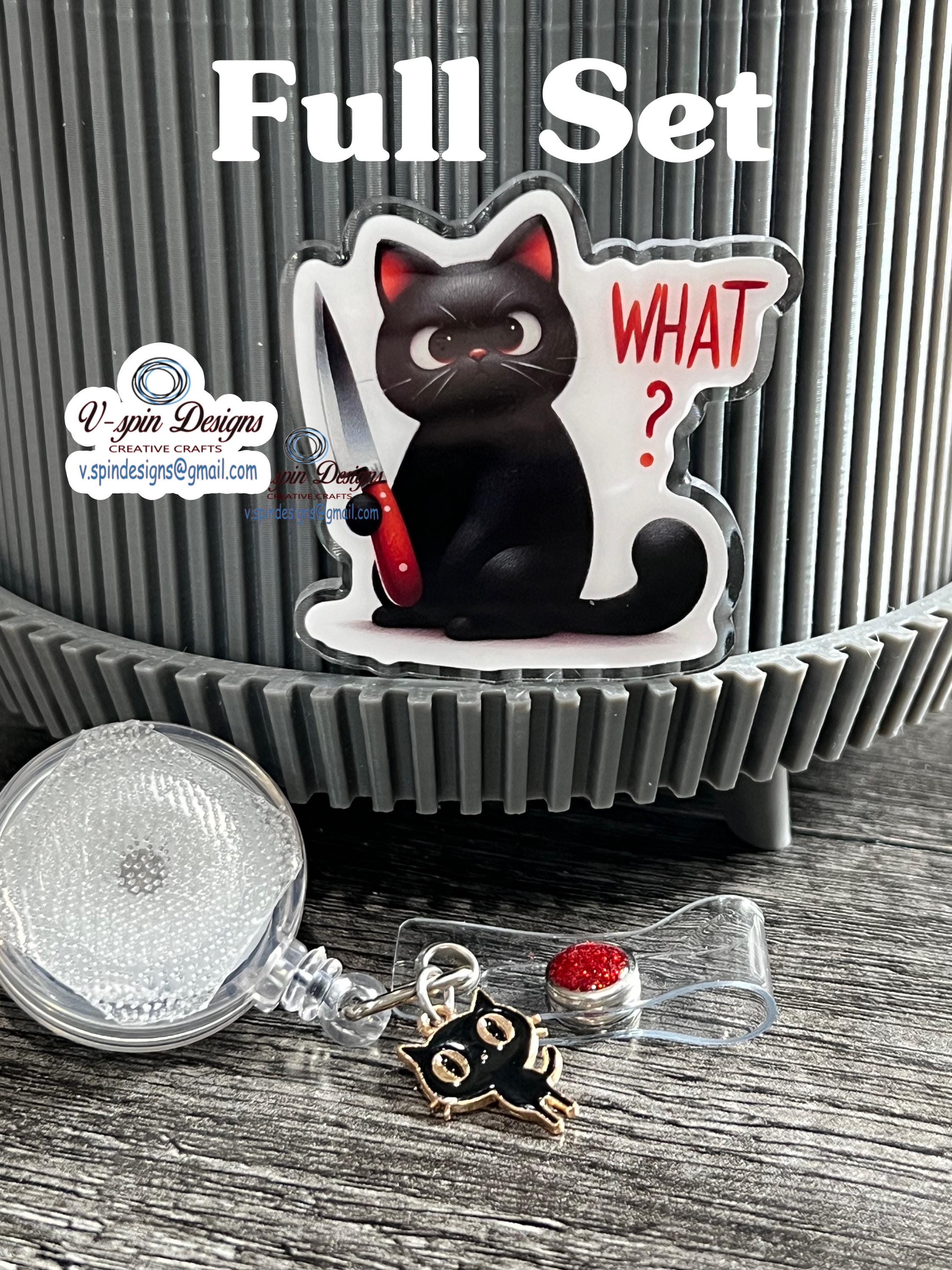 "What?" Black Cat Badge Reel | Funny Retractable Acrylic ID Holder