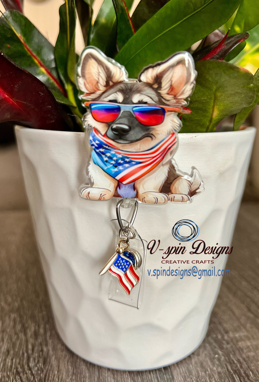 Patriotic German Shepherd Badge Reel | 4th of July Retractable ID Holder