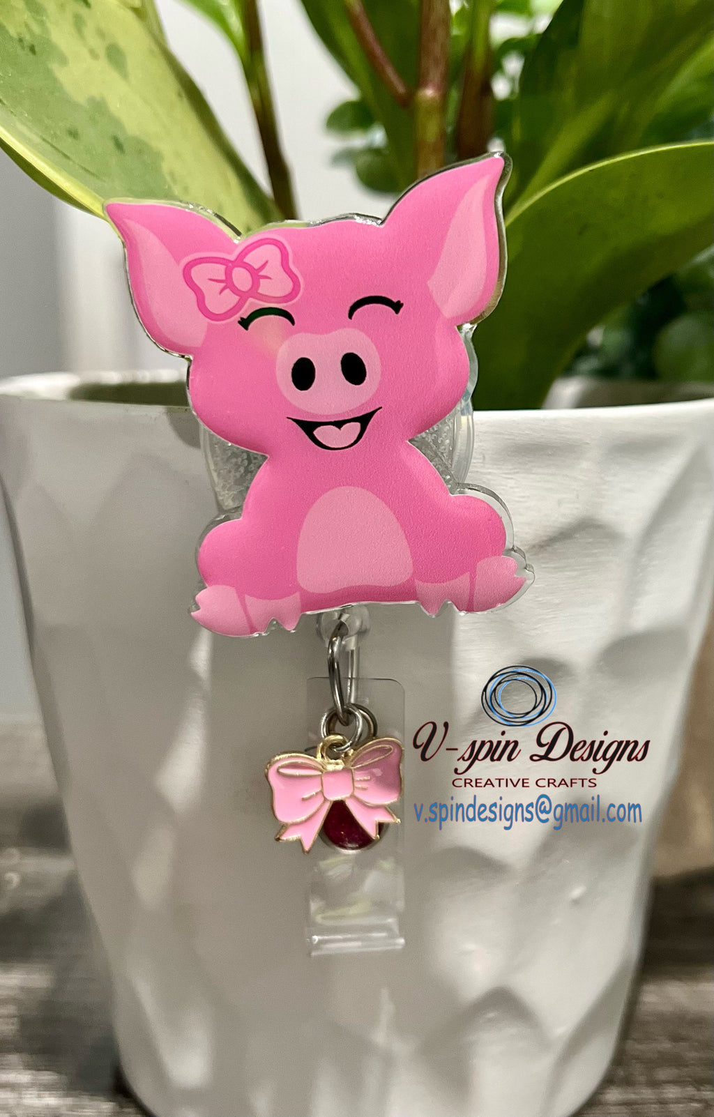 Pink Piggy Badge Reel: Cute Acrylic Retractable ID Holder