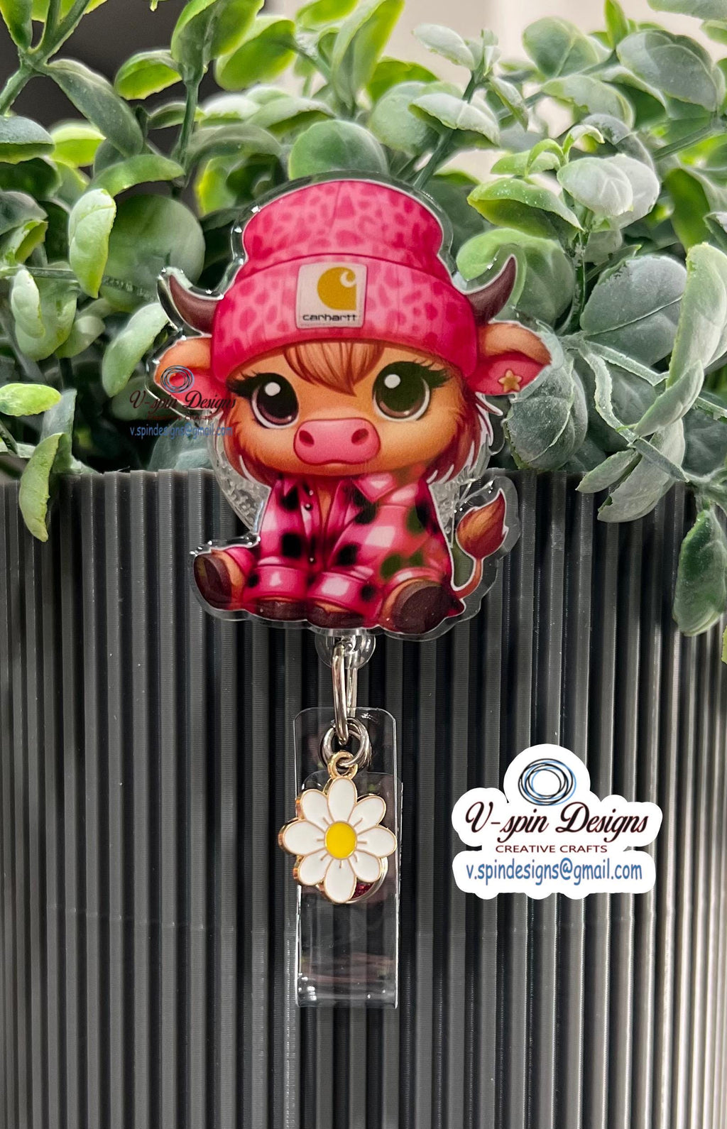 Cute Highland Cow with Beanie Badge Reel: Acrylic Retractable ID Holder