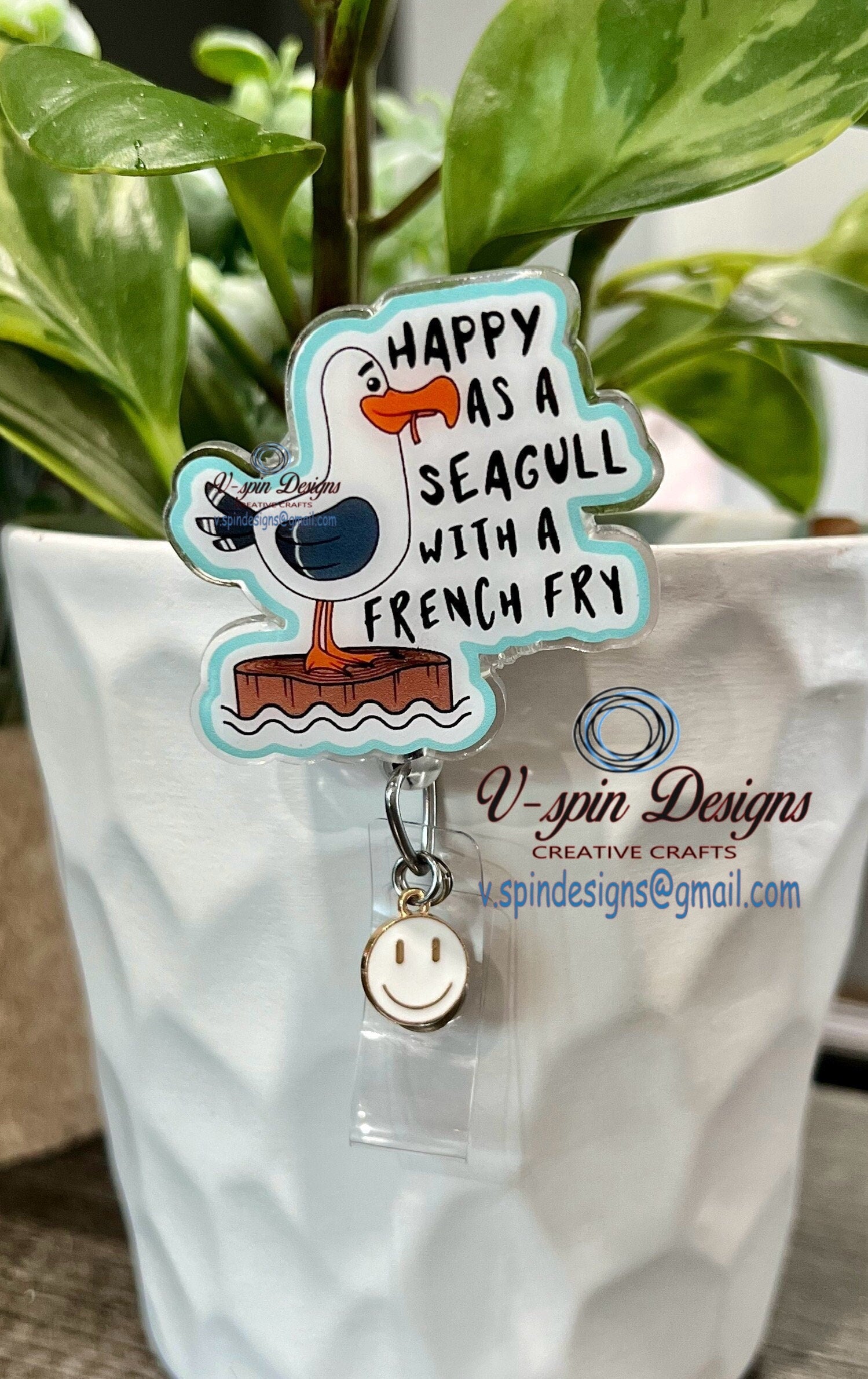 "Happy as a Seagull with a French Fry" Badge Reel | Funny Retractable ID Holder