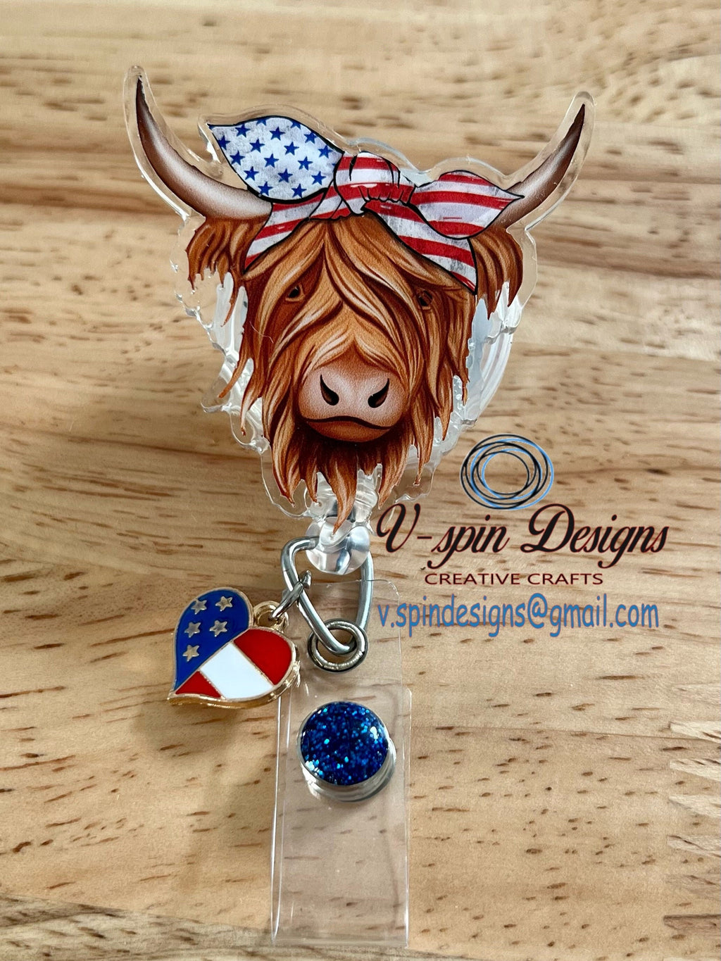 Patriotic Highland Cow Badge Reel | 4th of July Retractable Acrylic ID Holder
