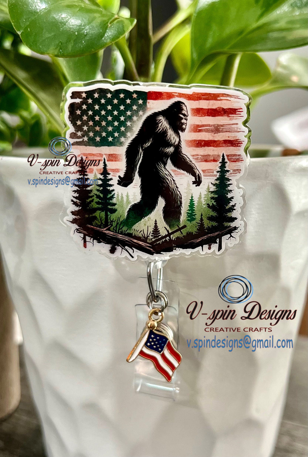 American Bigfoot Badge Reel: Patriotic Funny Acrylic ID Holder