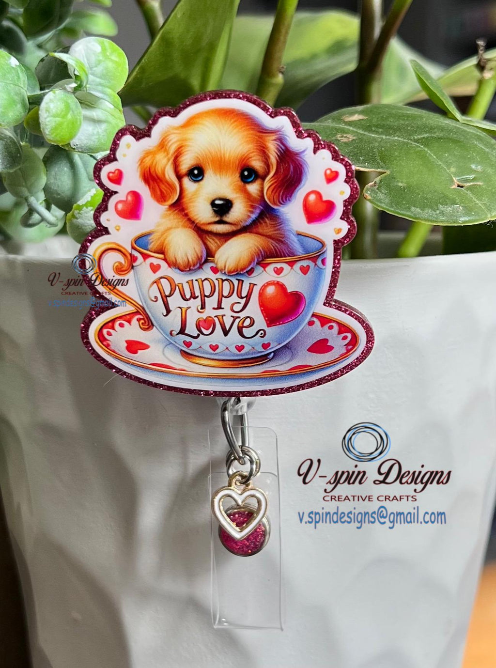 Golden Retriever Tea Cup Badge Reel | Valentine Puppy Retractable Acrylic ID Holder