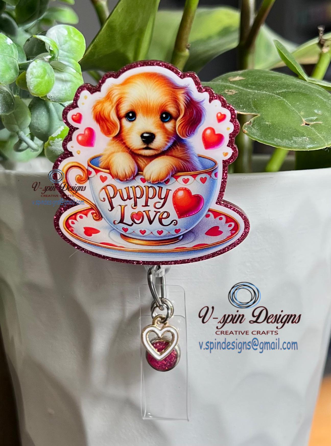 Golden Retriever Tea Cup Badge Reel | Valentine Puppy Retractable Acrylic ID Holder