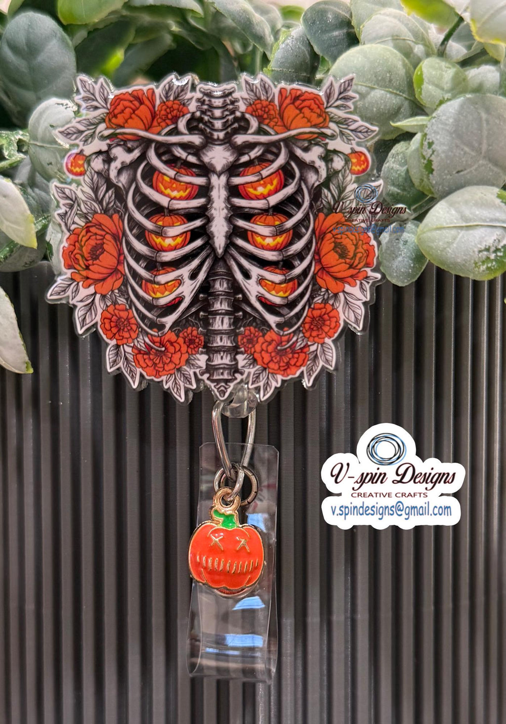 Skeleton Pumpkin Rib Cage Badge Reel | Halloween Retractable Acrylic ID Holder