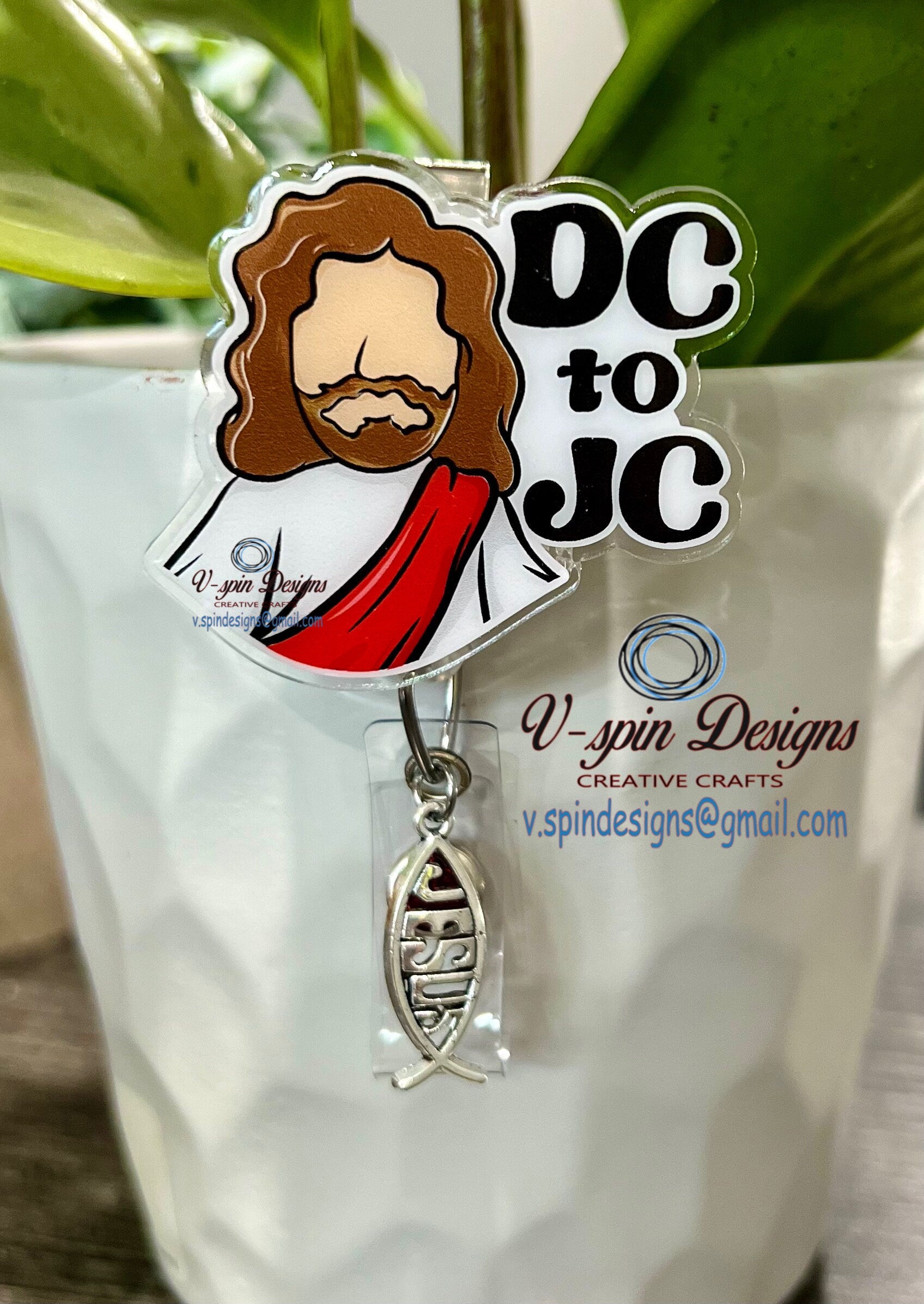 "DC to JC" Badge Reel | Funny Religious Retractable Acrylic ID Holder