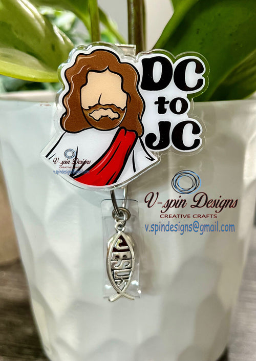 "DC to JC" Badge Reel | Funny Religious Retractable Acrylic ID Holder