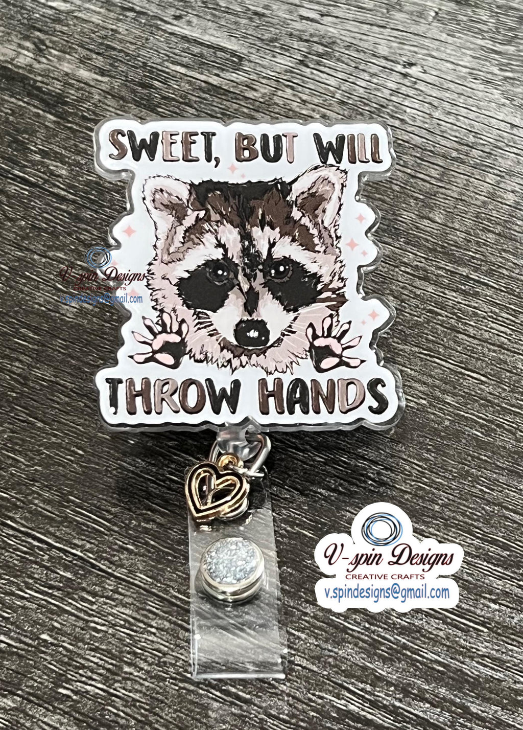 Funny Raccoon Badge Reel: "Sweet But Will Throw Hands" ID Holder