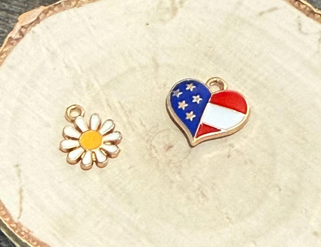 USA Flag Painted Flower Badge Reel | Patriotic Silver Glitter Retractable ID Holder