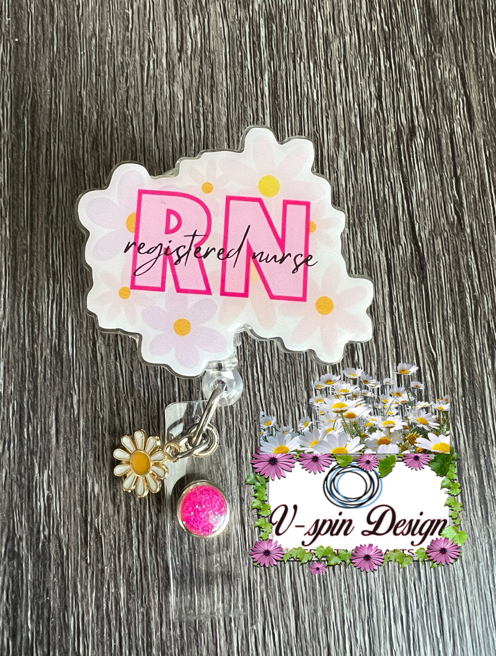 RN Daisy Flower Badge Reel | Registered Nurse Retractable Acrylic ID Holder