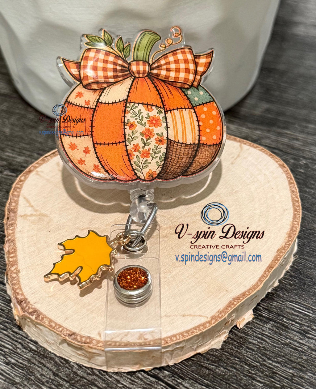 Vintage Patchwork Pumpkin Badge Reel | Fall Retractable Acrylic ID Holder