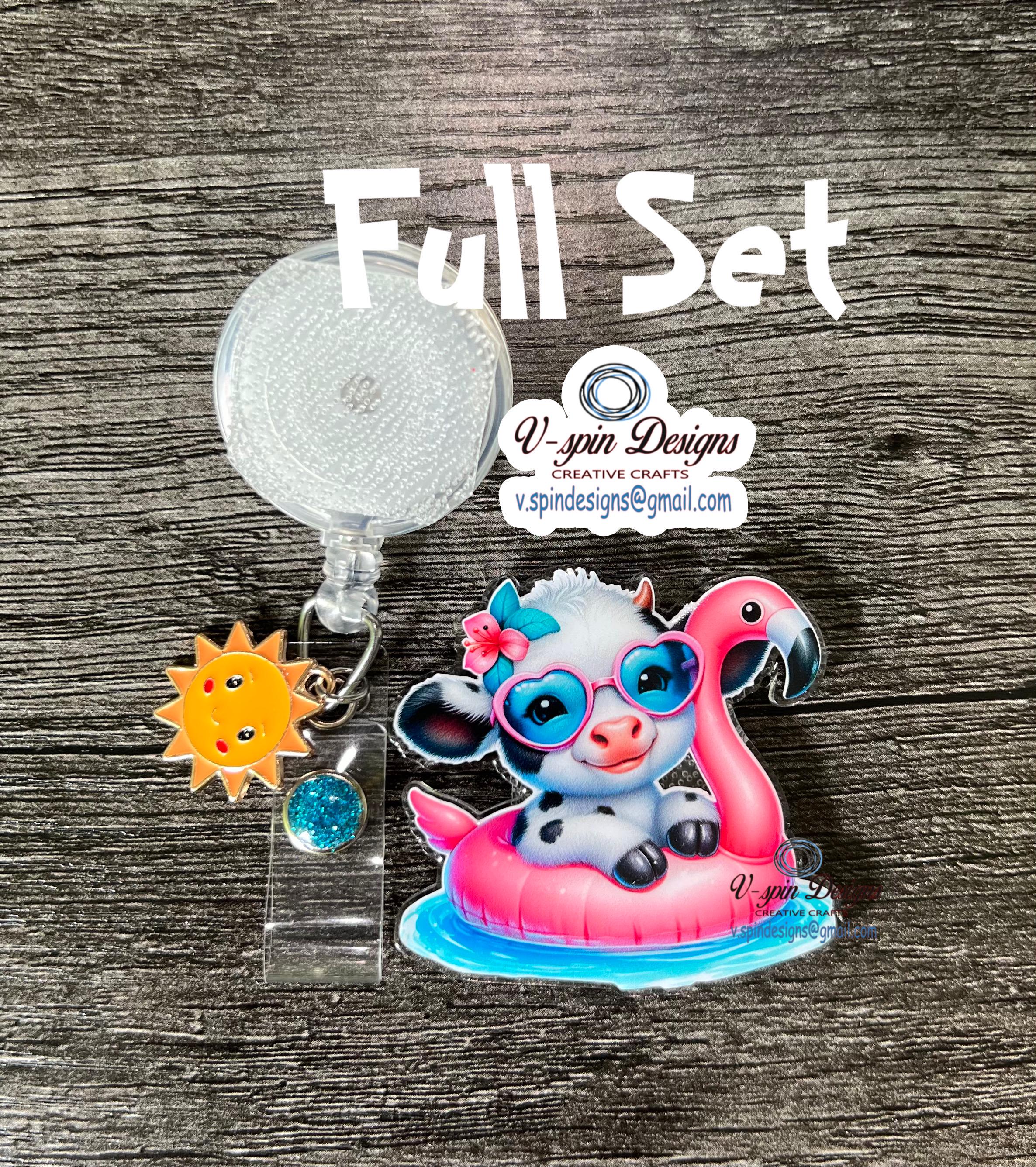 Summer Cow on Flamingo Floaty Badge Reel | Retractable ID Holder