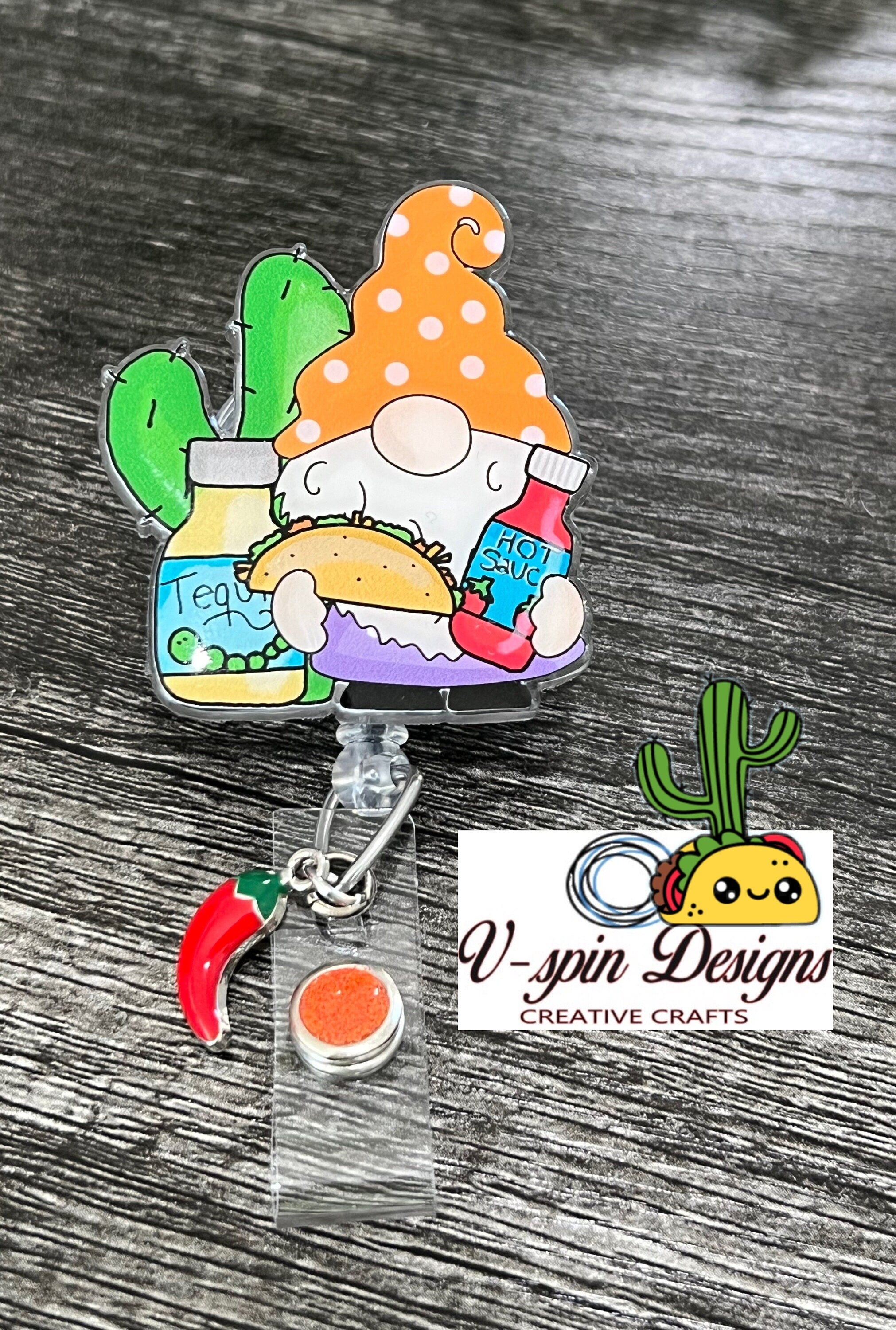 Acrylic Taco Gnome, Retractable badge reel/ID holder/nurses/card holder/teachers/food/gnome badge reels