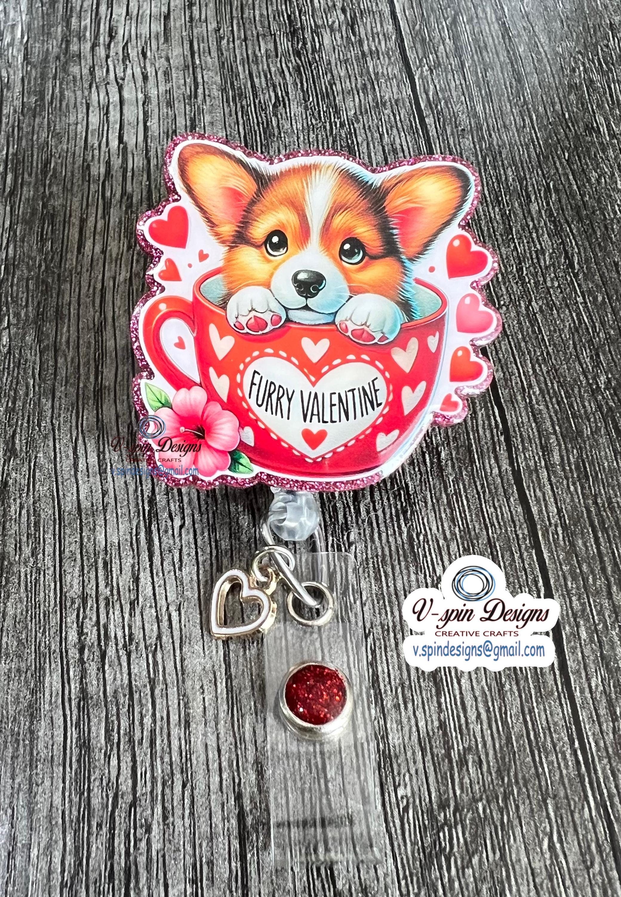 Valentine Corgi Cup Badge Reel: Acrylic ID Holder