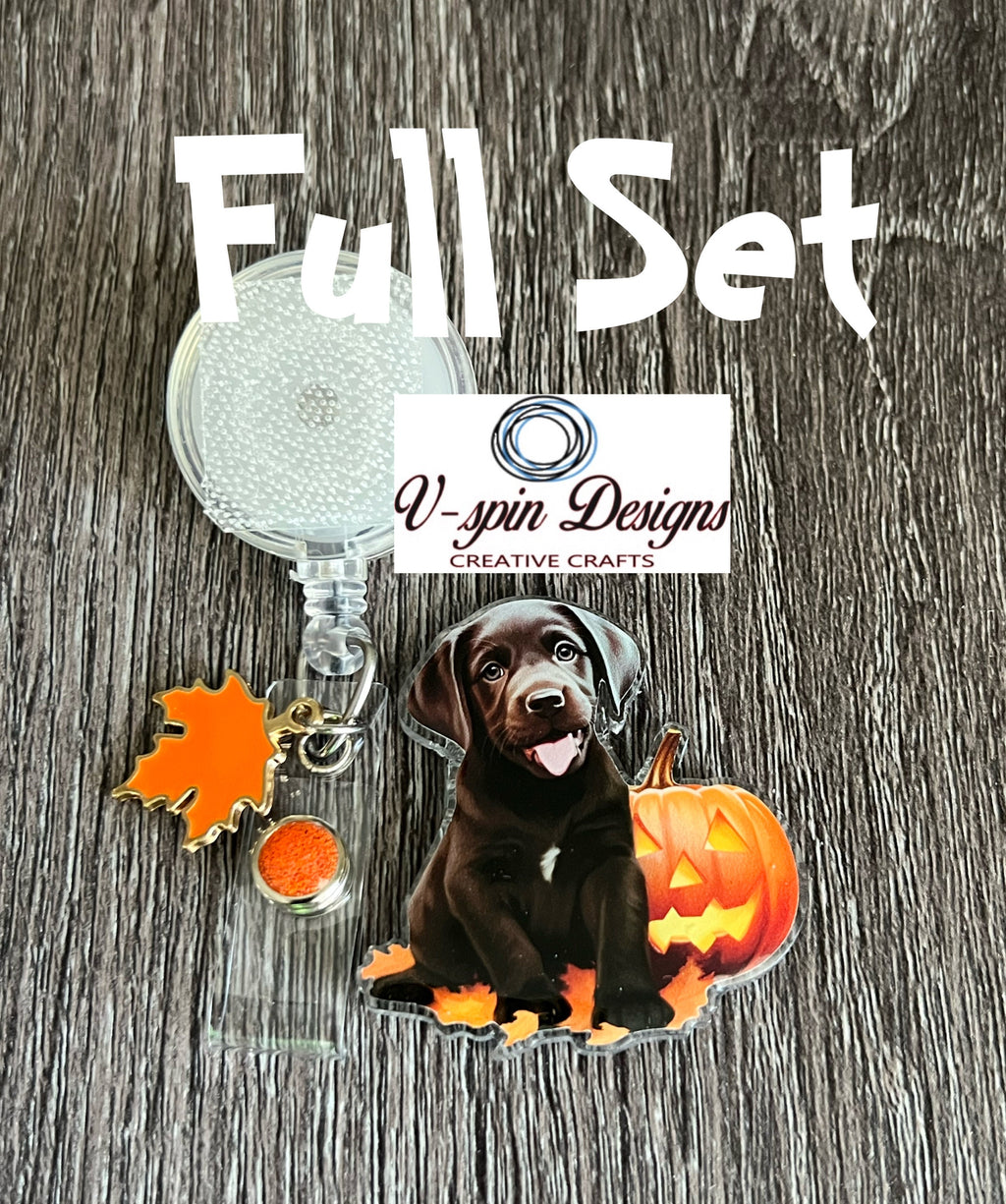 Chocolate Lab Puppy with Pumpkin Badge Reel | Fall Retractable ID Holder