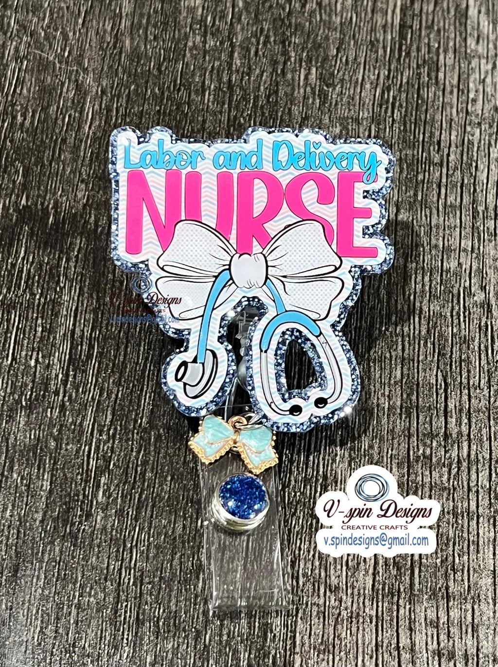 Labor and Delivery Nurse Badge Reel: Stethoscope Bow, Glitter ID Holder, L&D badge reels