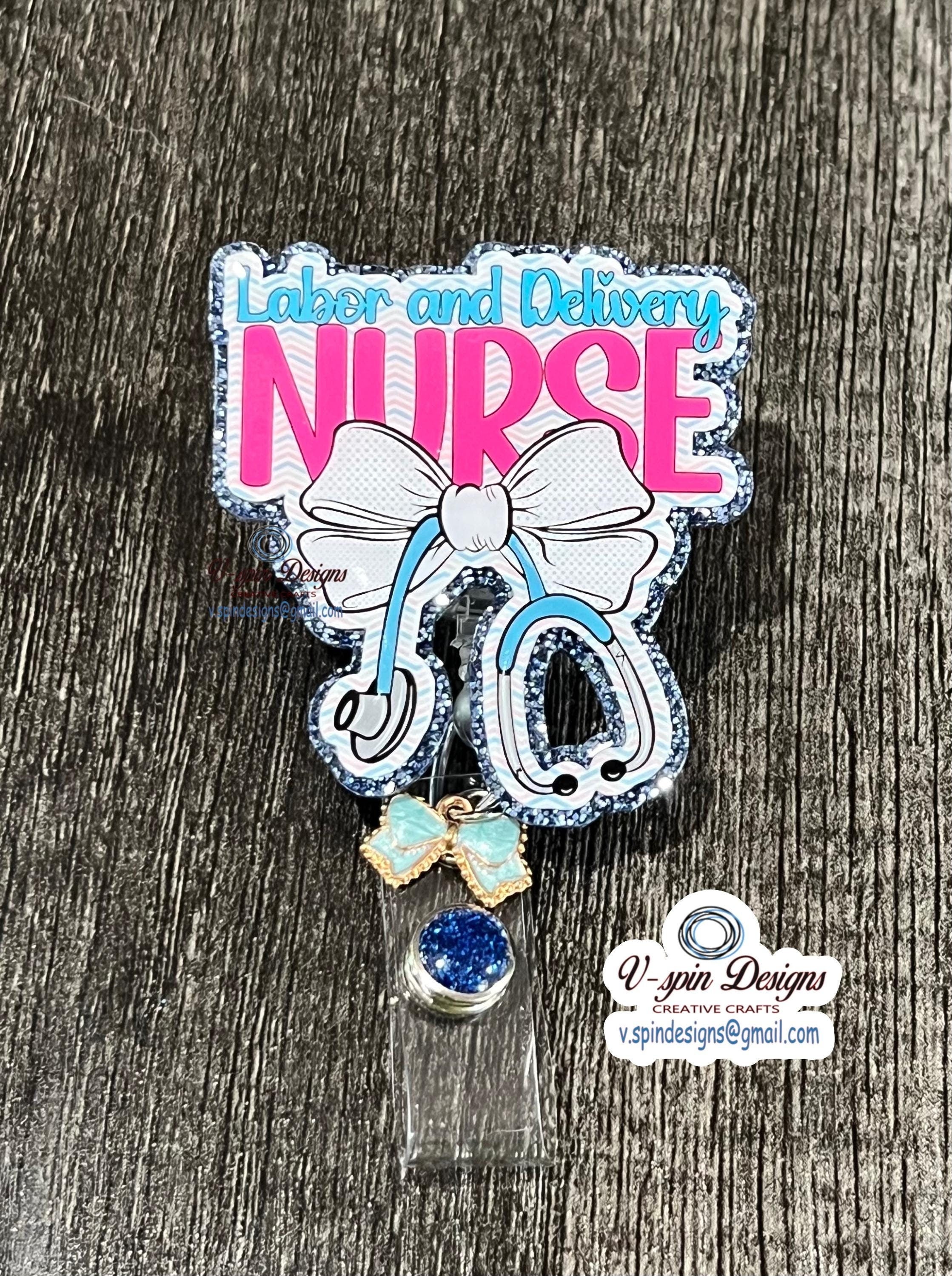 Labor and Delivery Nurse Badge Reel: Stethoscope Bow, Glitter ID Holder, L&D badge reels