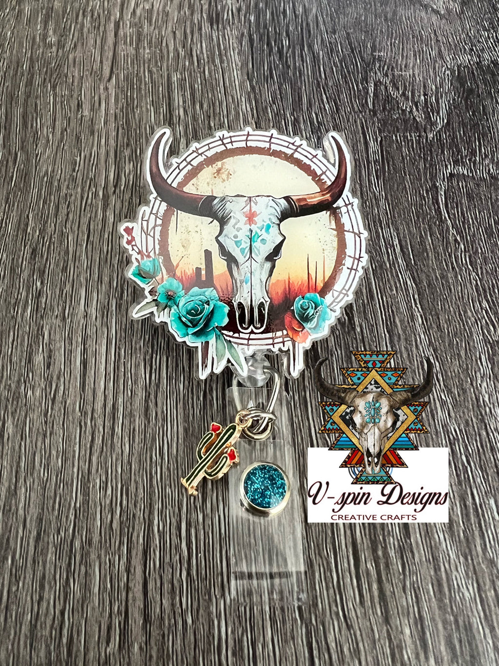 Bull Skull Badge Reel: Western Floral ID Holder