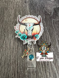 Bull Skull Badge Reel: Western Floral ID Holder