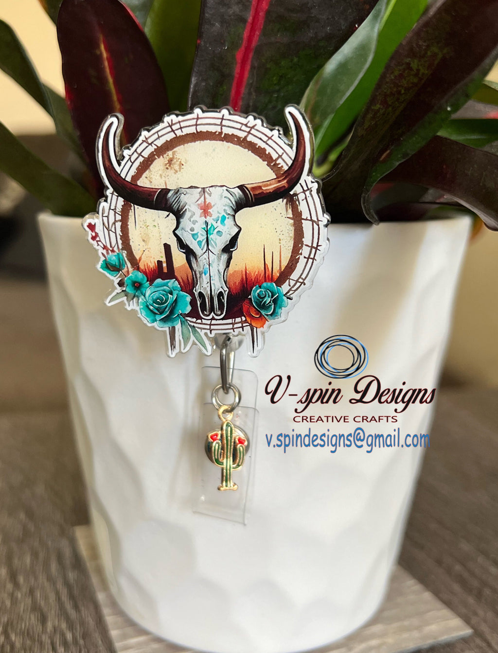Bull Skull Badge Reel: Western Floral ID Holder