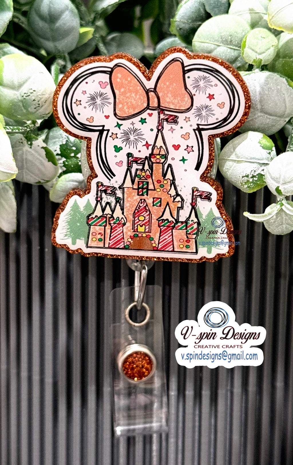 Gingerbread Castle Badge Reel | Christmas Glitter Retractable Acrylic ID Holder