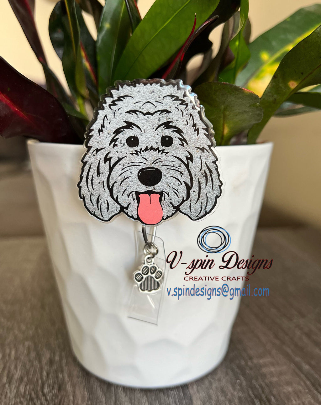 White Doodle Dog Badge Reel | Retractable Acrylic ID Holder for Dog Lovers
