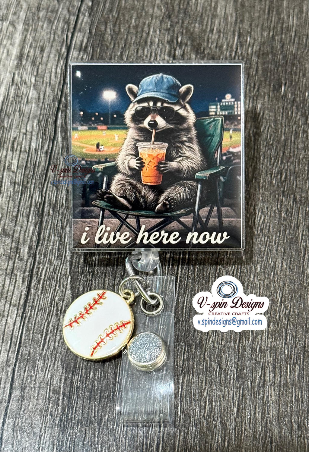 "I Live Here Now" Raccoon Baseball Fan Badge Reel | Funny Retractable ID Holder