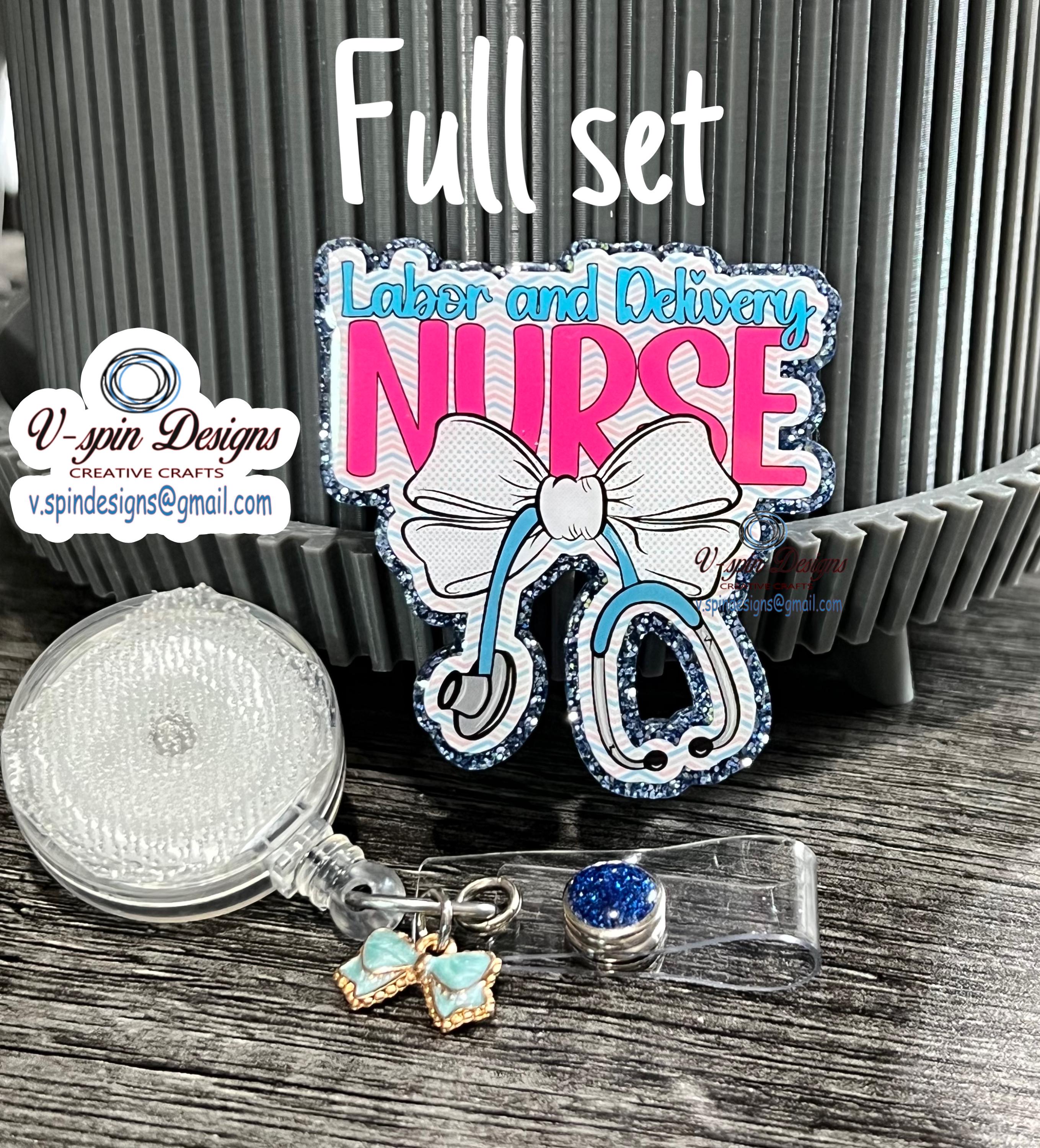 Labor and Delivery Nurse Badge Reel: Stethoscope Bow, Glitter ID Holder, L&D badge reels