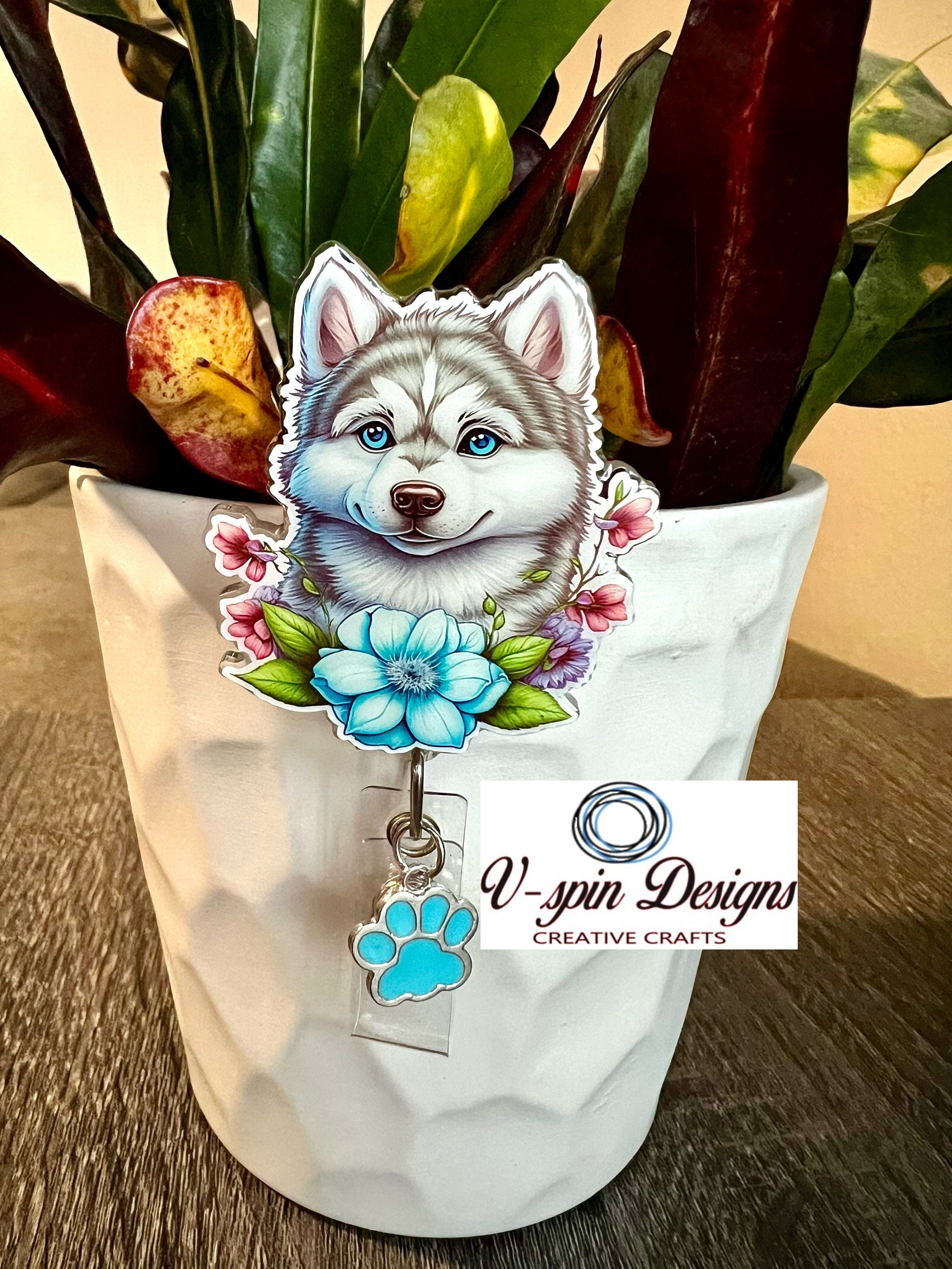 Blue Flower Husky Dog Badge Reel | Retractable Acrylic ID Holder