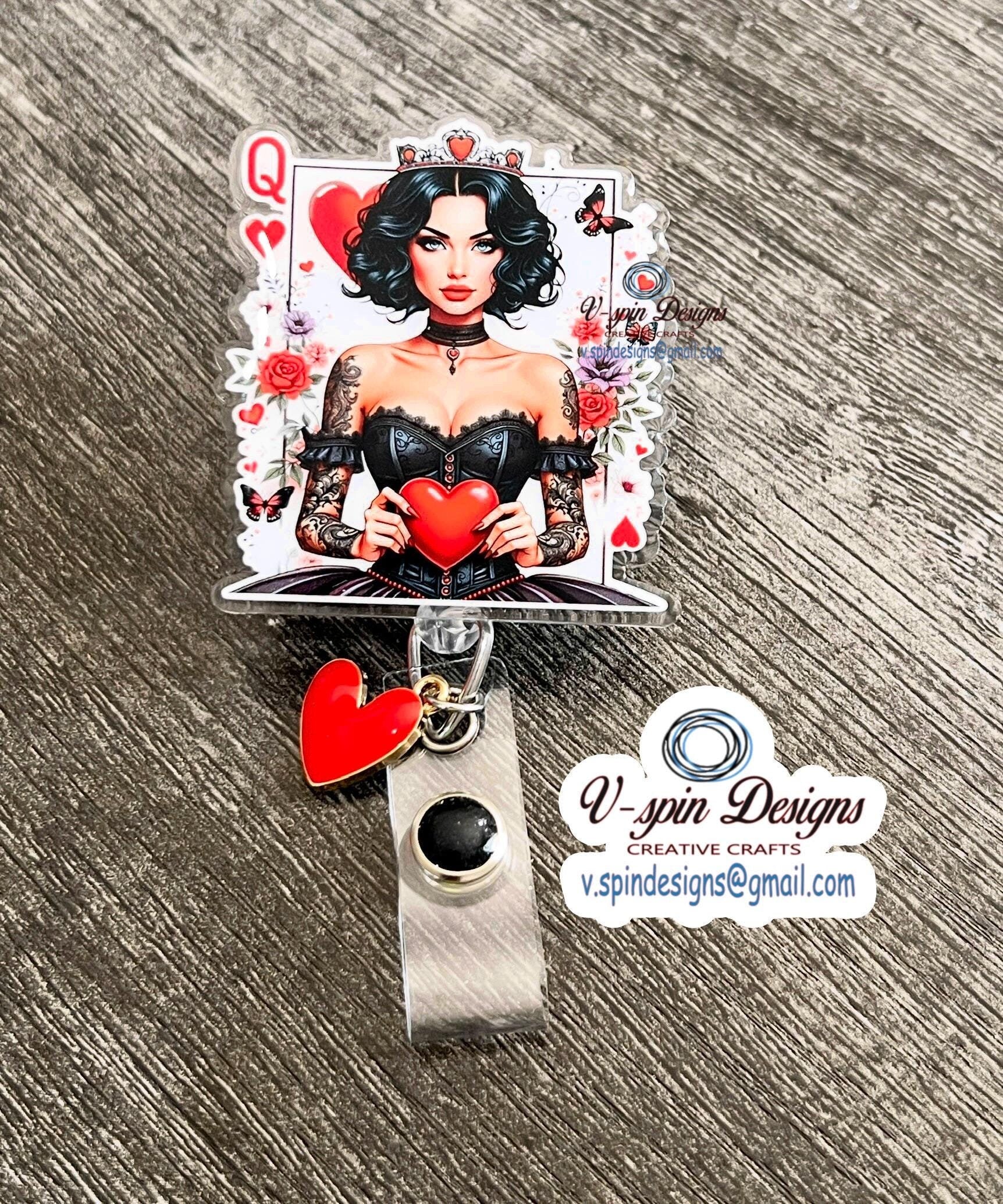 Queen of Hearts Badge Reel | Gothic Retractable Acrylic ID Holder