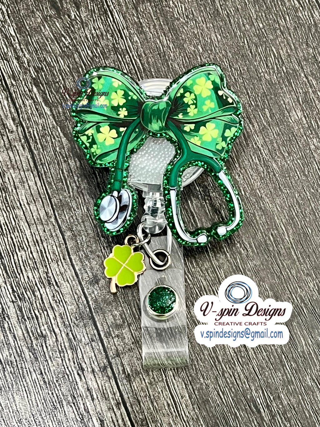 Lucky Stethoscope Clover Bow Badge Reel | St. Patrick's Day Retractable ID Holder