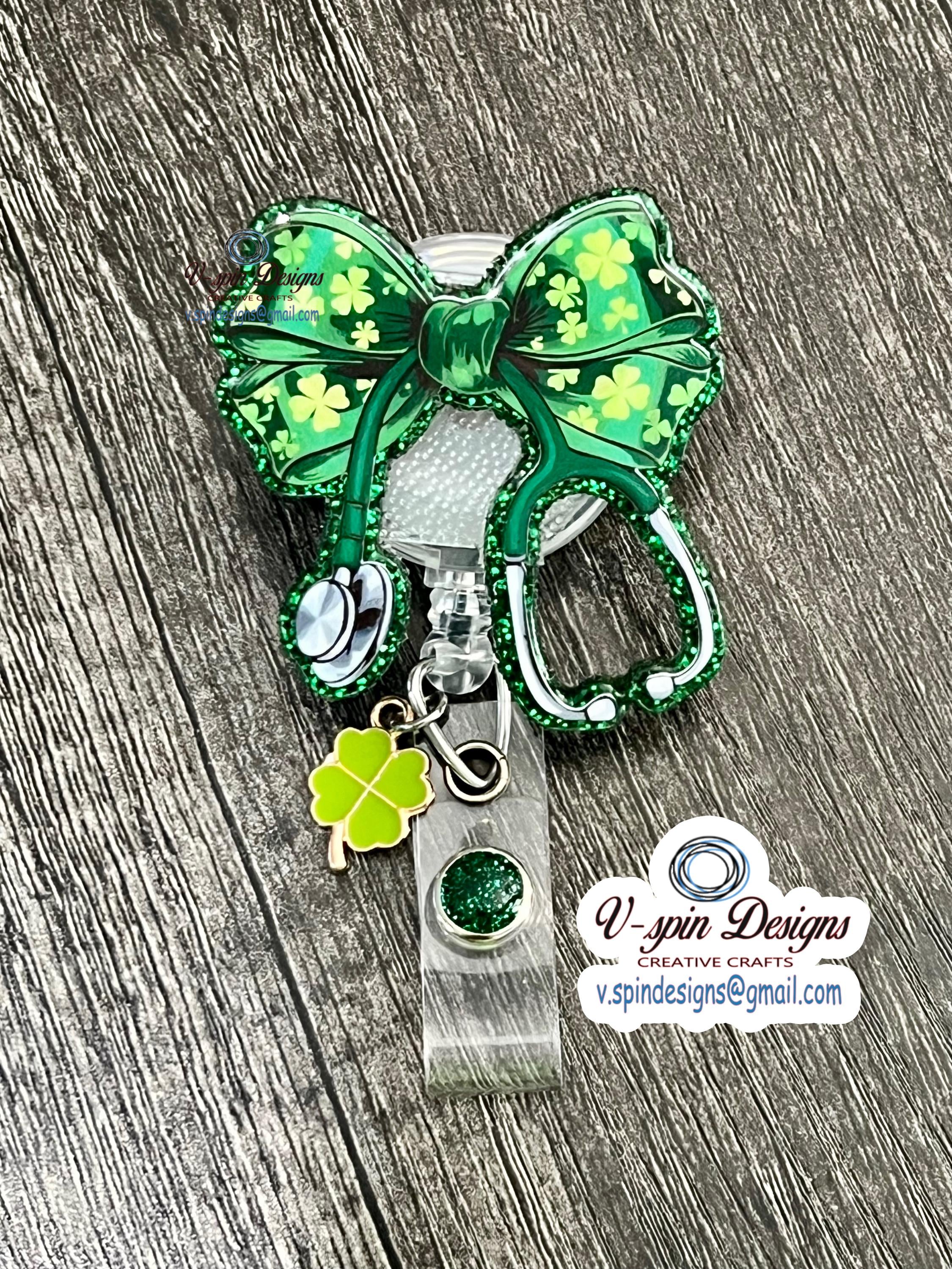 Lucky Stethoscope Clover Bow Badge Reel | St. Patrick's Day Retractable ID Holder