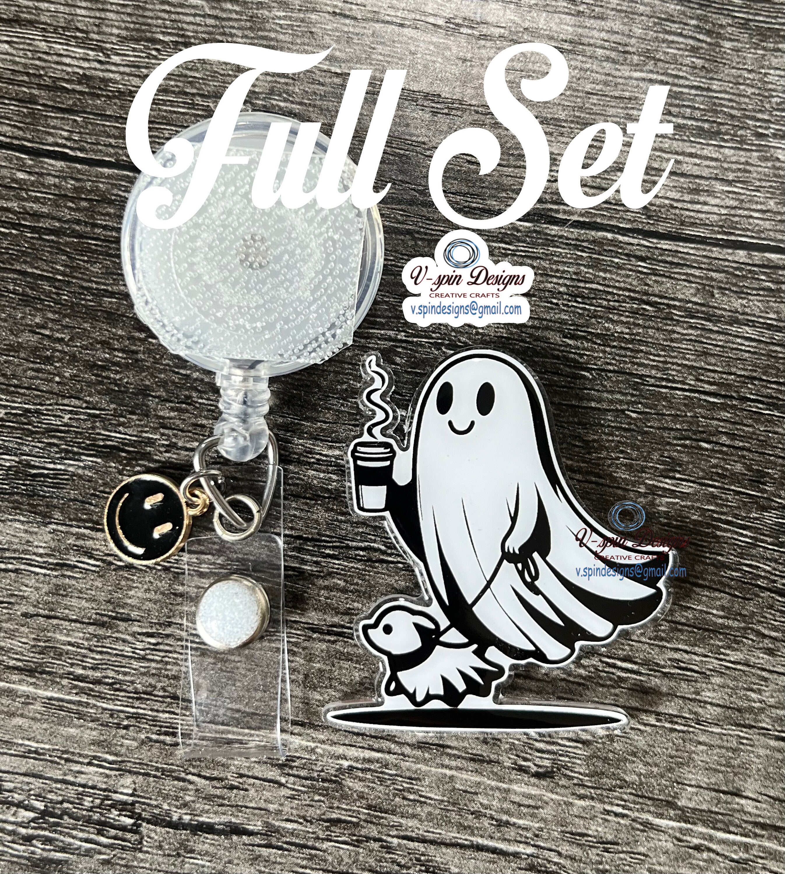 Ghost Walking Dog Badge Reel: Funny Halloween Coffee Acrylic ID Holder