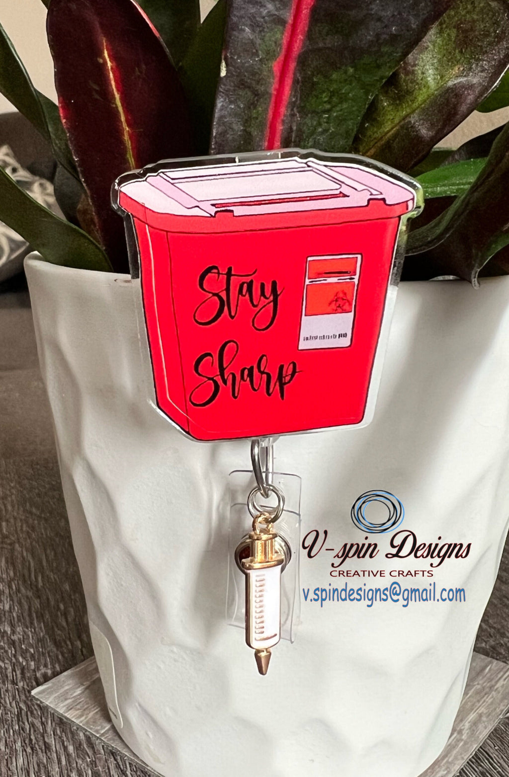 Stay Sharp, Sharps container badge reel, nurse/Phlebotomy/sharps/funny badge reels